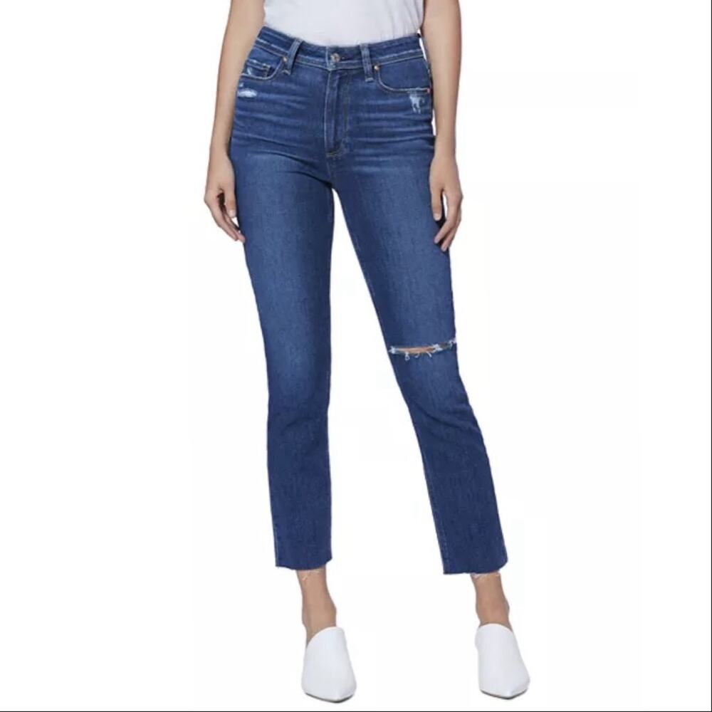 Paige | Women’s Hoxton Slim Raw-Hem Jeans Slopes Destructed Dark Wash Raw Hem 28